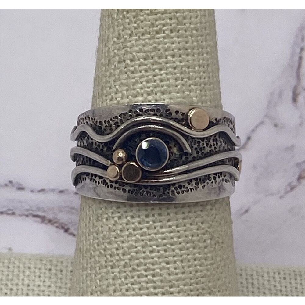 DESIGNER STERLING SILVER 14 K GOLD AND BLUE TOPAZ MODERNIST RING SIZE 6.75